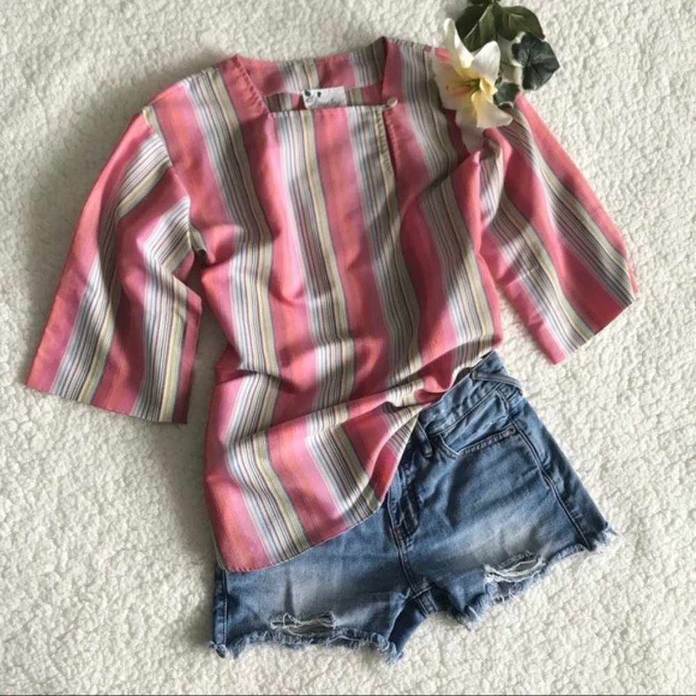 Vintage Shapely 80s Tunic Top Square Neck Stripe Spring Summer G14